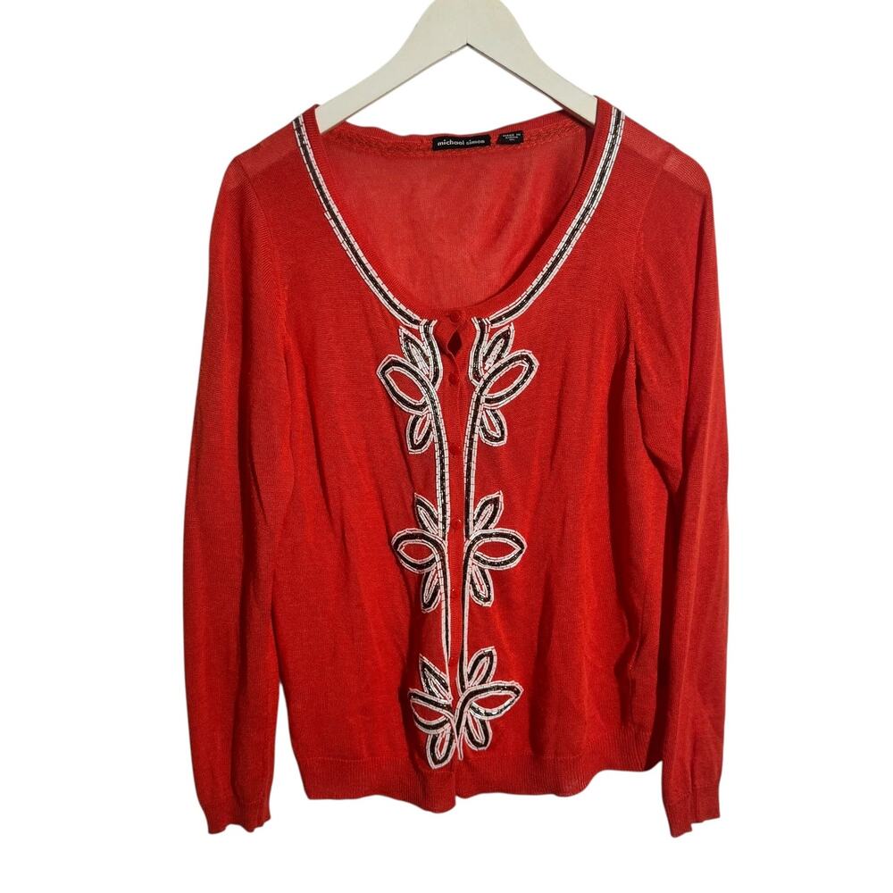 VNTG MICHAEL SIMON 90s beaded cardigan‎ Women XL Orange Preppy Boho Career Top